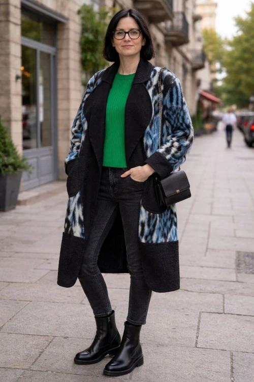 Płaszcz damski wełniany 80% WOOL włoski oversize turkusowy wzór Uni
