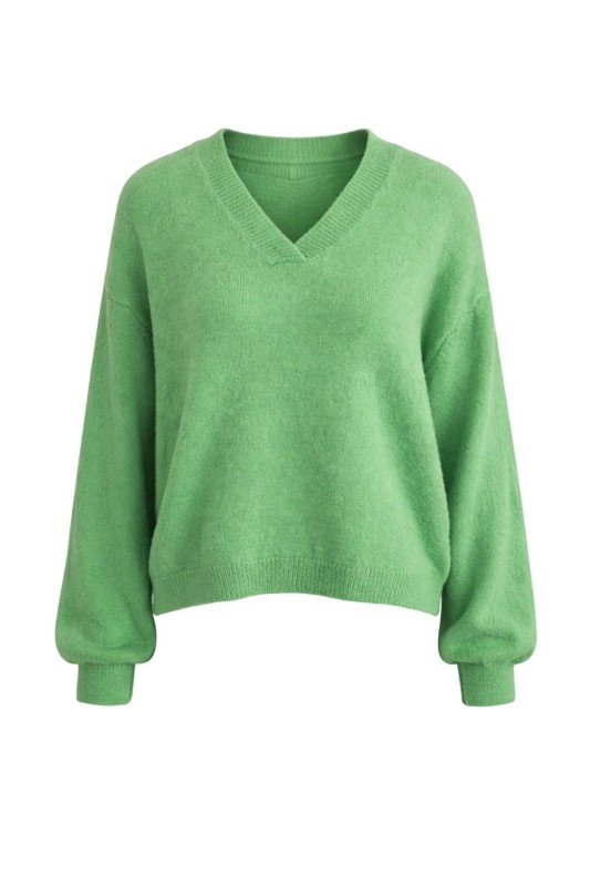 Sweter damski zielony 30% alpaka oversize V-neck miękki Uni