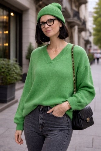 Sweter damski zielony 30% alpaka oversize V-neck miękki Uni