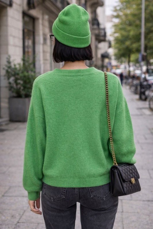 Sweter damski zielony 30% alpaka oversize V-neck miękki Uni