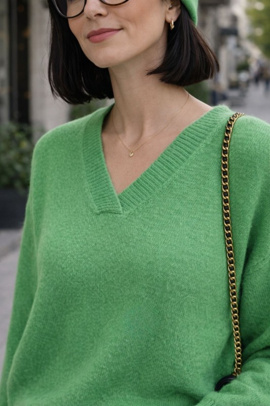 Sweter damski zielony 30% alpaka oversize V-neck miękki Uni