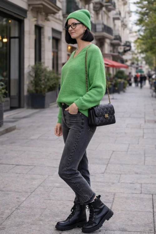 Sweter damski zielony 30% alpaka oversize V-neck miękki Uni