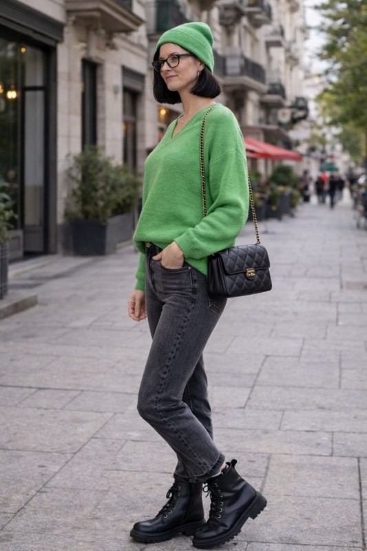 Sweter damski zielony 30% alpaka oversize V-neck miękki Uni