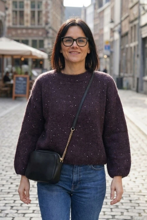 Sweter damski ciemny brąz alpaka cekiny włoski oversize miękki One Size