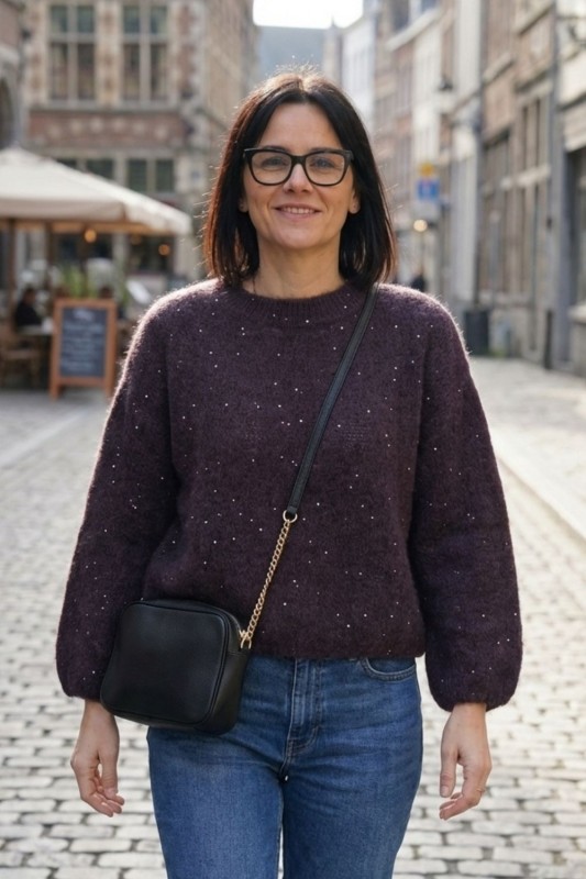 Sweter damski ciemny brąz alpaka cekiny włoski oversize miękki One Size