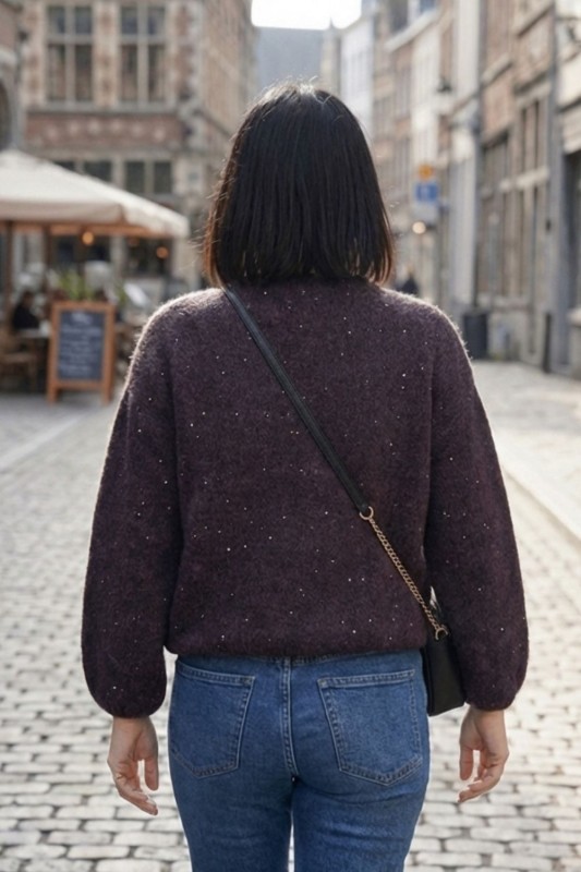 Sweter damski ciemny brąz alpaka cekiny włoski oversize miękki One Size