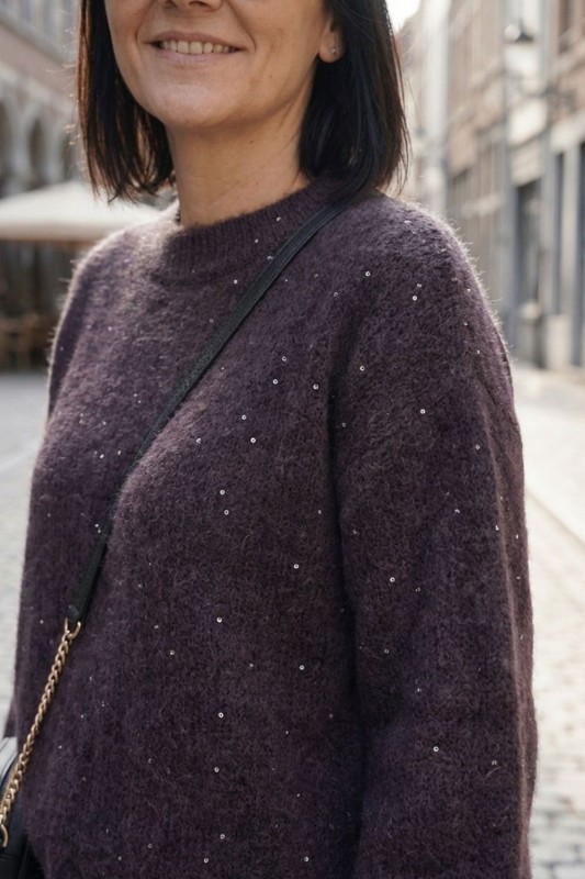 Sweter damski ciemny brąz alpaka cekiny włoski oversize miękki One Size