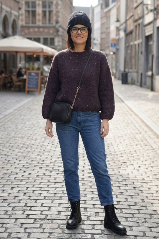 Sweter damski ciemny brąz alpaka cekiny włoski oversize miękki One Size