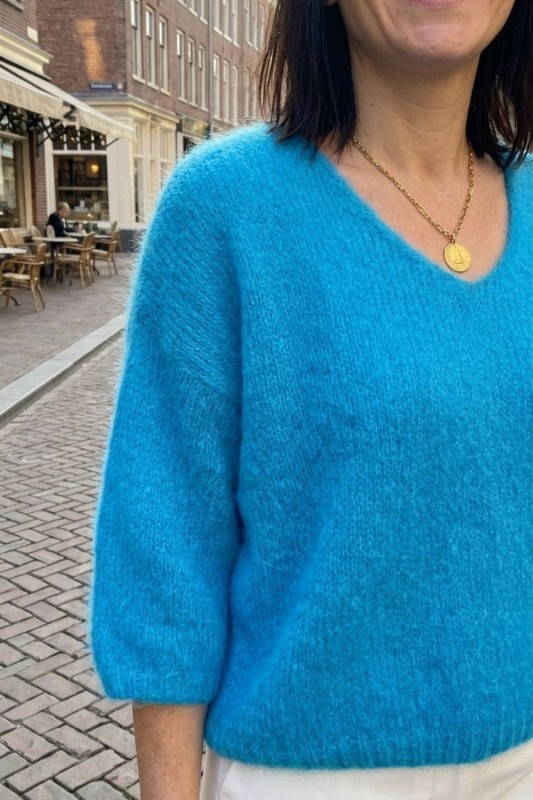 Sweter damski turkusowy 20% moher oversize miękki Uni