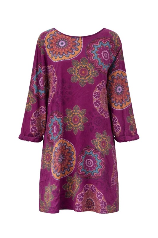 Sukienka damska śliwkowa boho oversize wzory mandala sztruksowa Uni