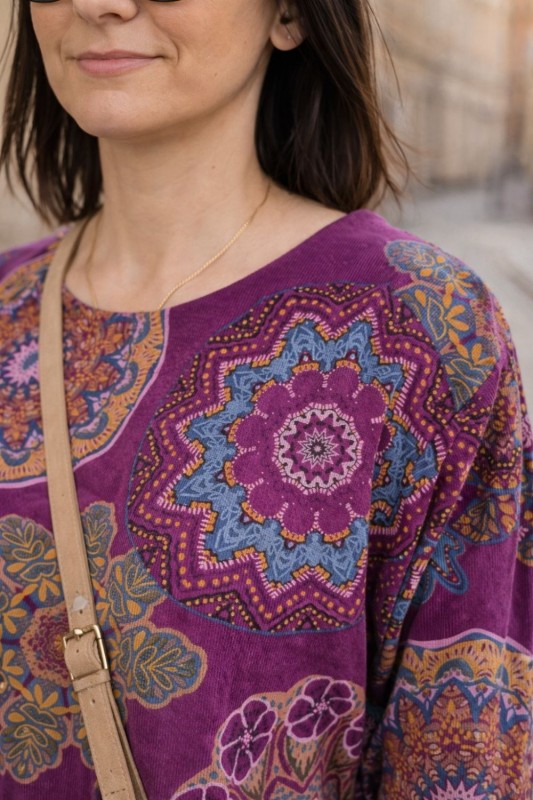 Sukienka damska śliwkowa boho oversize wzory mandala sztruksowa Uni
