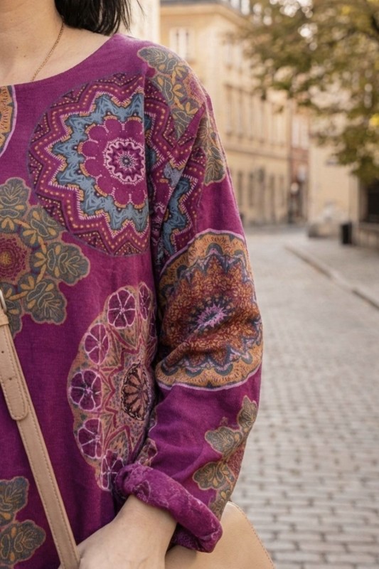 Sukienka damska śliwkowa boho oversize wzory mandala sztruksowa Uni