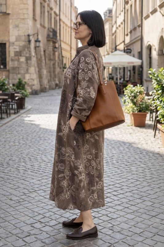 Sukienka damska brązowa boho oversize wzory mandala luźna sztruksowa Italy