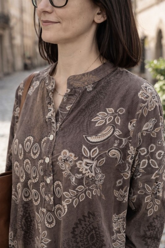 Sukienka damska brązowa boho oversize wzory mandala luźna sztruksowa Italy
