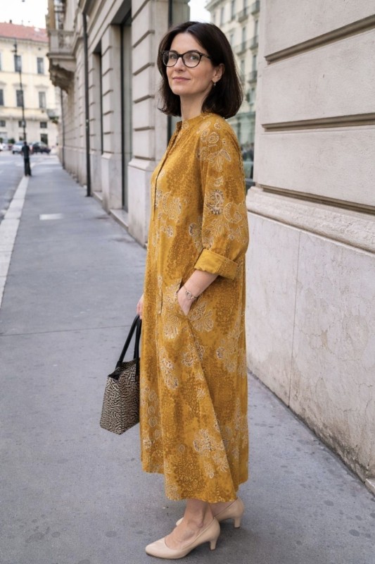 Sukienka damska musztardowa boho oversize wzory mandala luźna sztruksowa Italy