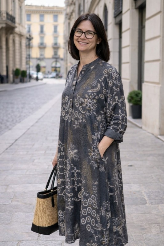 Sukienka damska grafit boho oversize wzory mandala luźna sztruksowa Italy