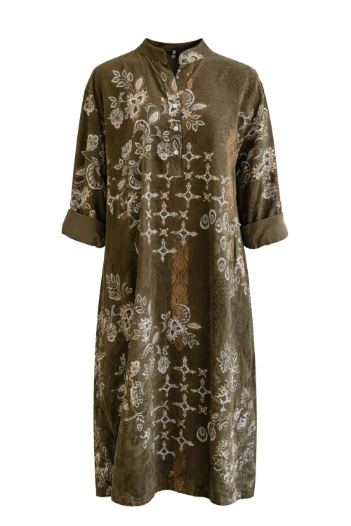 Sukienka damska khaki boho oversize wzory mandala luźna sztruksowa Italy