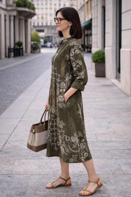 Sukienka damska khaki boho oversize wzory mandala luźna sztruksowa Italy