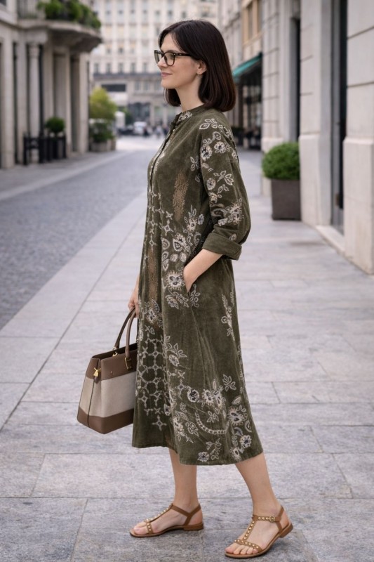 Sukienka damska khaki boho oversize wzory mandala luźna sztruksowa Italy