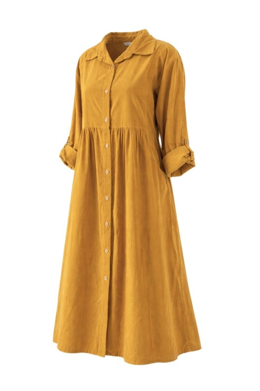 Sukienka Damska Sztruksowa Musztardowa Oversize Guziki Kieszenie Casual Uni