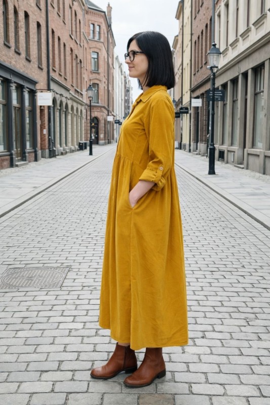 Sukienka Damska Sztruksowa Musztardowa Oversize Guziki Kieszenie Casual Uni