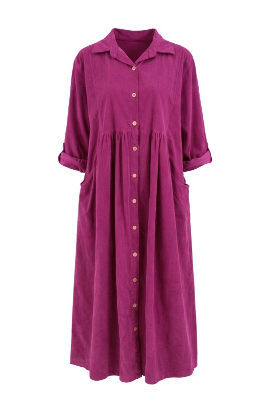 Sukienka Damska Sztruksowa Purpurowa Oversize Guziki Kieszenie Casual Uni