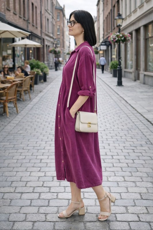 Sukienka Damska Sztruksowa Purpurowa Oversize Guziki Kieszenie Casual Uni