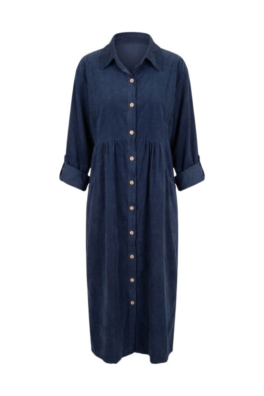 Sukienka Damska Sztruksowa Granatowa Oversize Guziki Kieszenie Casual Uni