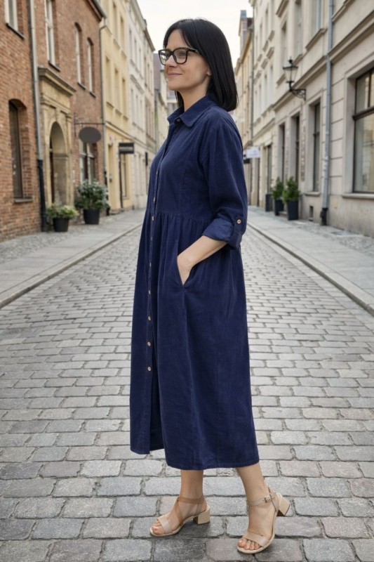 Sukienka Damska Sztruksowa Granatowa Oversize Guziki Kieszenie Casual Uni