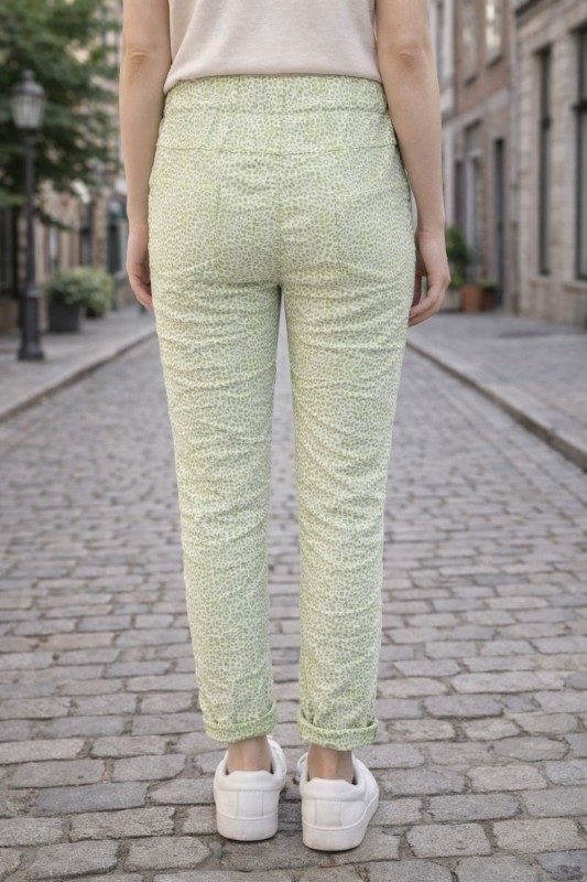 Spodnie damskie zielone wzór leopard elastyczne Italy Uni