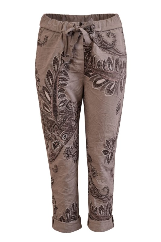 Spodnie damskie paisley beżowe włoskie elastyczne wygodne casual Uni