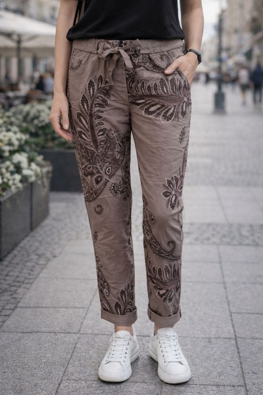 Spodnie damskie paisley beżowe włoskie elastyczne wygodne casual Uni