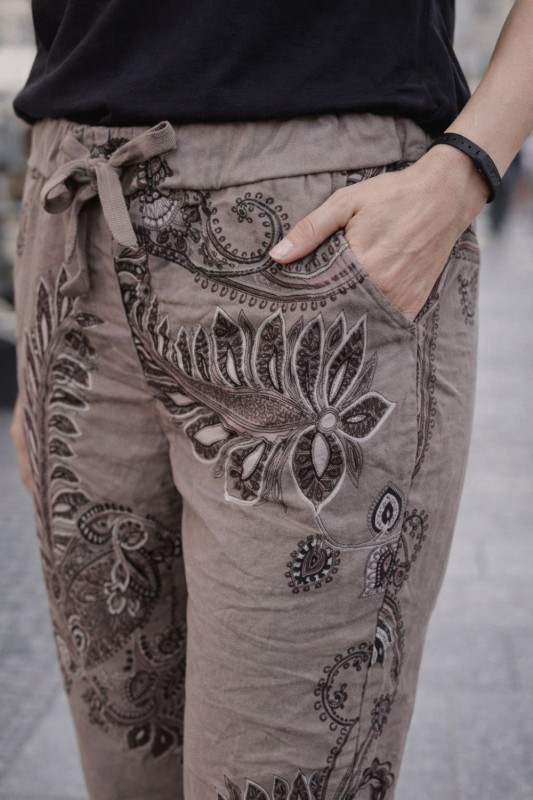 Spodnie damskie paisley beżowe włoskie elastyczne wygodne casual Uni