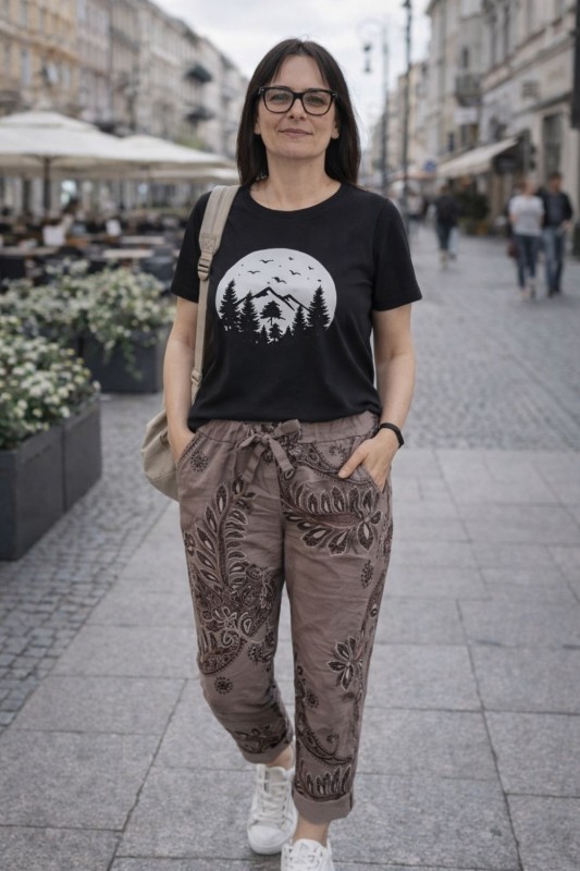 Spodnie damskie paisley beżowe włoskie elastyczne wygodne casual Uni