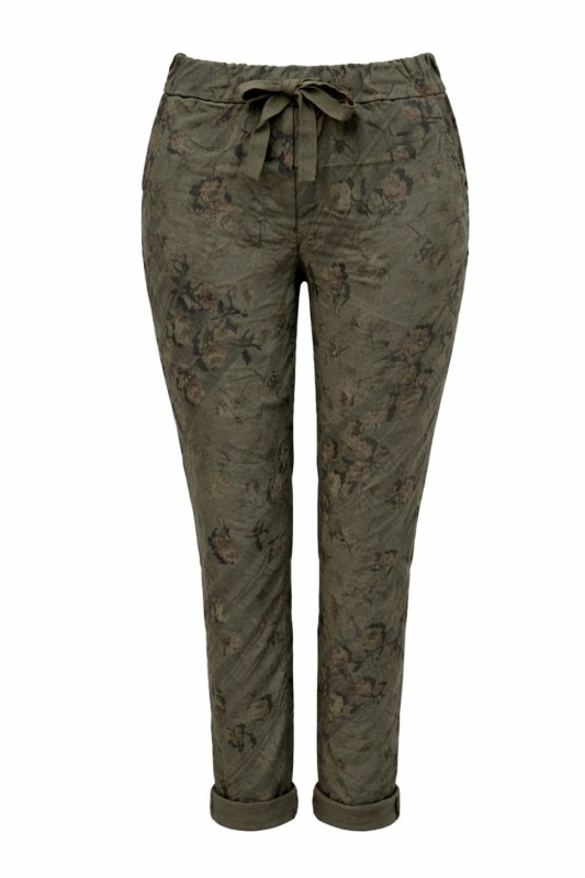 Spodnie damskie włoskie khaki wzór kwiatowy casual Uni