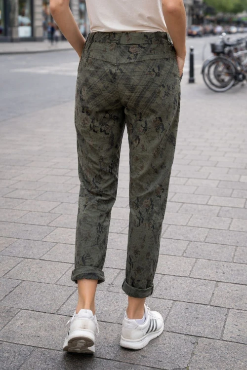 Spodnie damskie włoskie khaki wzór kwiatowy casual Uni
