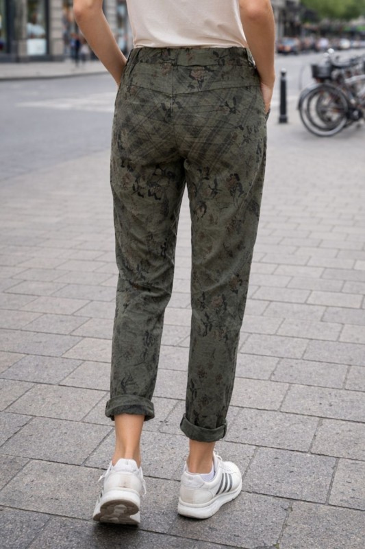 Spodnie damskie włoskie khaki wzór kwiatowy casual Uni