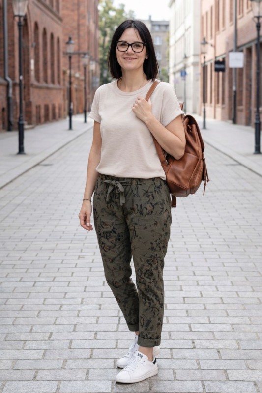 Spodnie damskie włoskie khaki wzór kwiatowy casual Uni