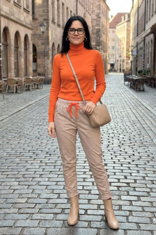Spodnie damskie beżowe z neonowym sznurkiem wygodne casual Uni
