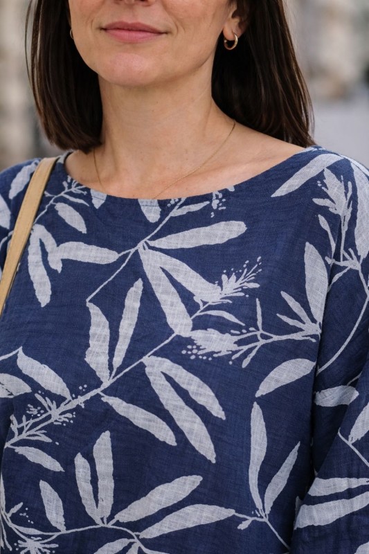 Bluzka damska granatowa w liście oversize bawełna 100% Uni