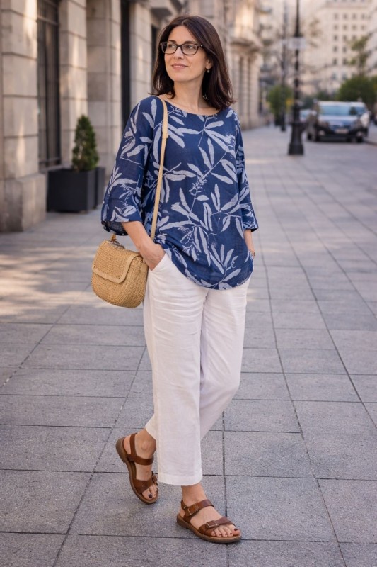 Bluzka damska granatowa w liście oversize bawełna 100% Uni