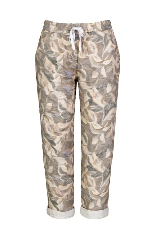 Spodnie damskie wzorzyste liście casual gumka kieszenie Italy XL