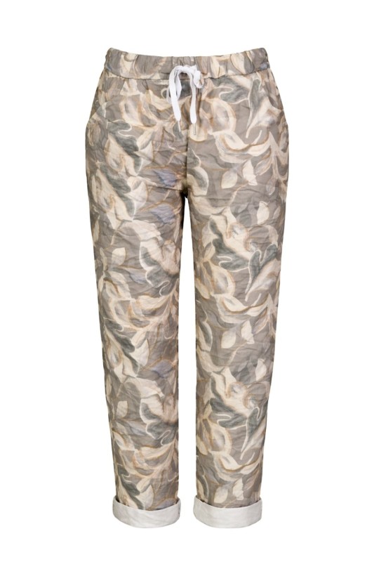 Spodnie damskie wzorzyste liście casual gumka kieszenie Italy XL