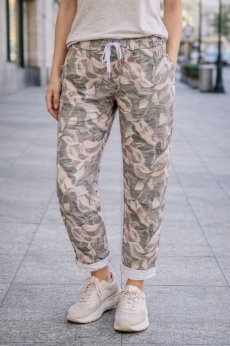 Spodnie damskie wzorzyste liście casual gumka kieszenie Italy XL