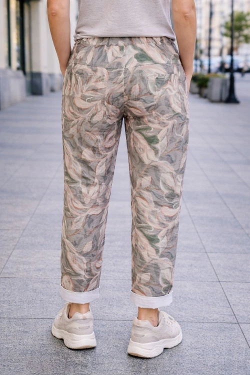 Spodnie damskie wzorzyste liście casual gumka kieszenie Italy XL