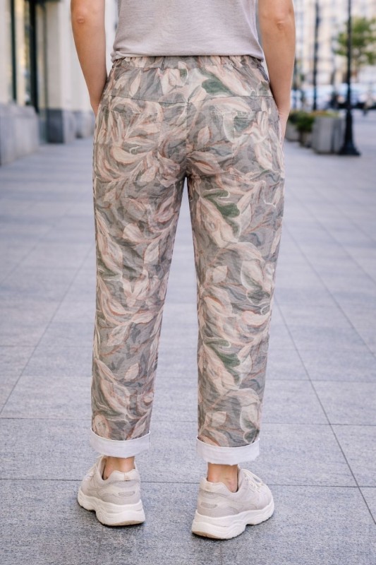 Spodnie damskie wzorzyste liście casual gumka kieszenie Italy XL