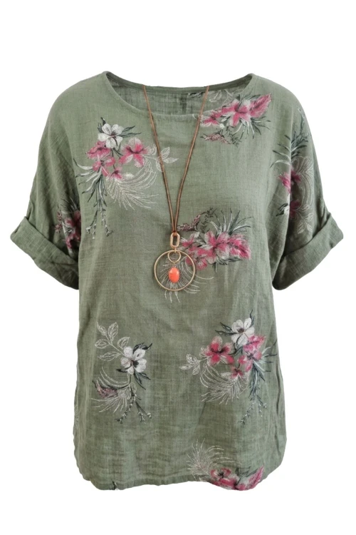 Bluzka damska bawełniana khaki kwiaty oversize luźna boho Uni