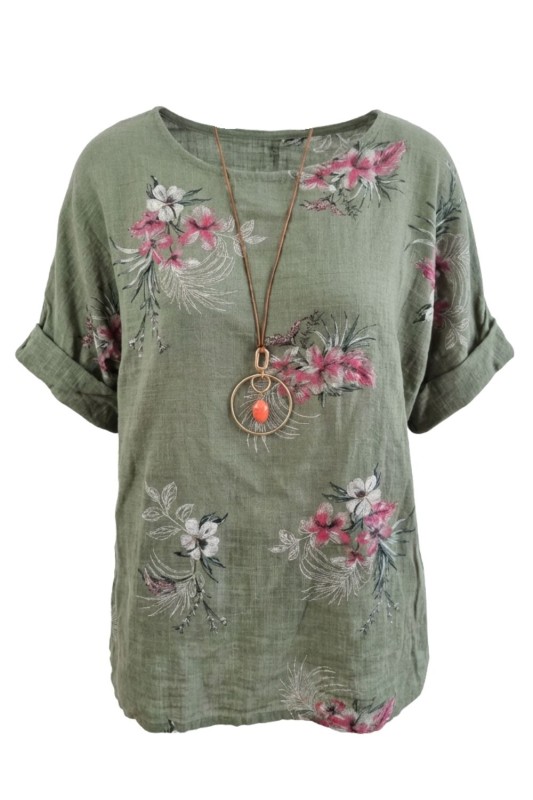 Bluzka damska bawełniana khaki kwiaty oversize luźna boho Uni