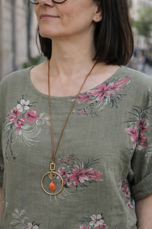 Bluzka damska bawełniana khaki kwiaty oversize luźna boho Uni