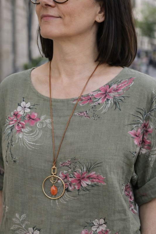 Bluzka damska bawełniana khaki kwiaty oversize luźna boho Uni